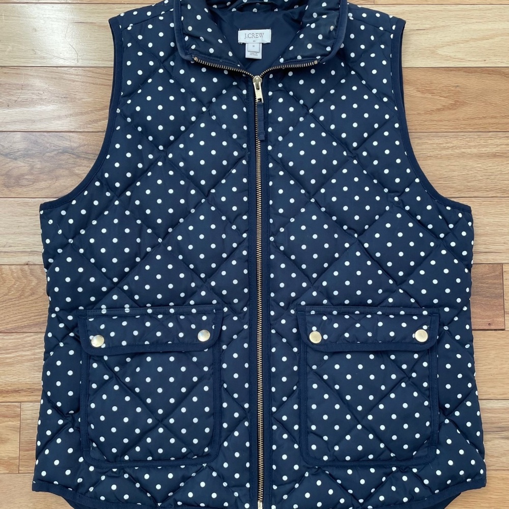 Navy J. Crew Puffer Vest with White Polka Dot Size M